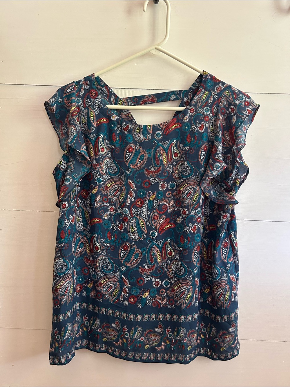 LOFT Teal Paisley Flutter Sleeve Blouse